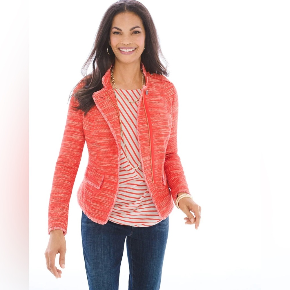 Chicos Orange Textured Fringe Bohemian Jacket Size Large/12